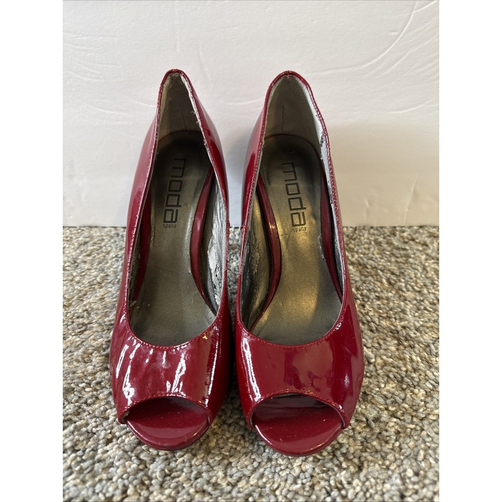 Moda Spana Women's Peep Toe Pumps Red Patent Leather Cone Heel Size 5.5